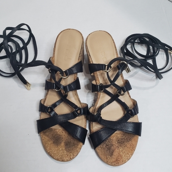 Aldo Pomeo Cork Chunky Heel Strappy Lace up Black Sandals Size 6 - Picture 3 of 10